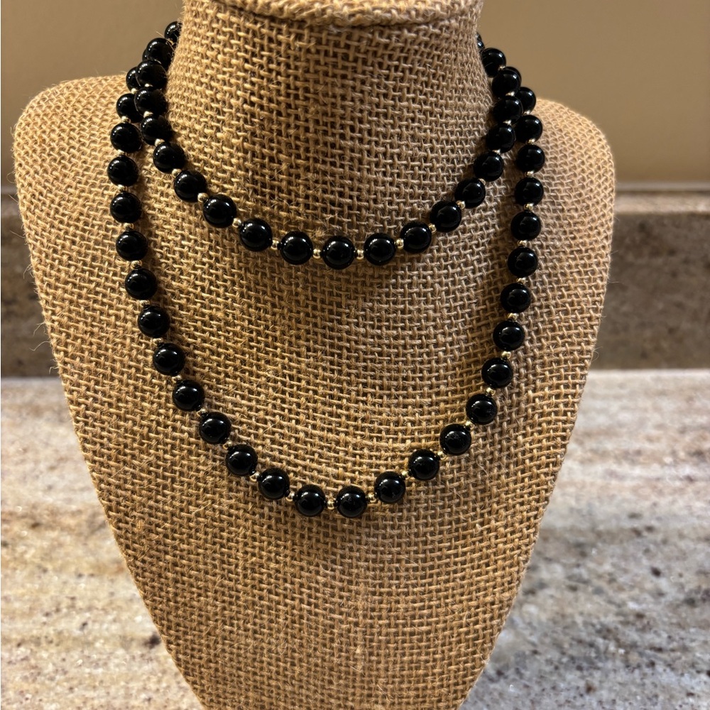 14k Gold and Round Beaded Black Onyx Necklace